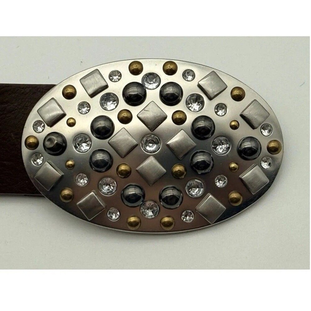Sereno Italian Leather Belt Rhinestone & Brass Studded Silver Buckle Small Brown